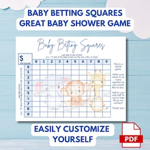 Jeu amusant pour baby shower, bébés animaux bleus, carrés de paris pour bébés, jeu imprimable modifiable pour shower de bébé, prédiction de douche Shower de bébé virtuelle