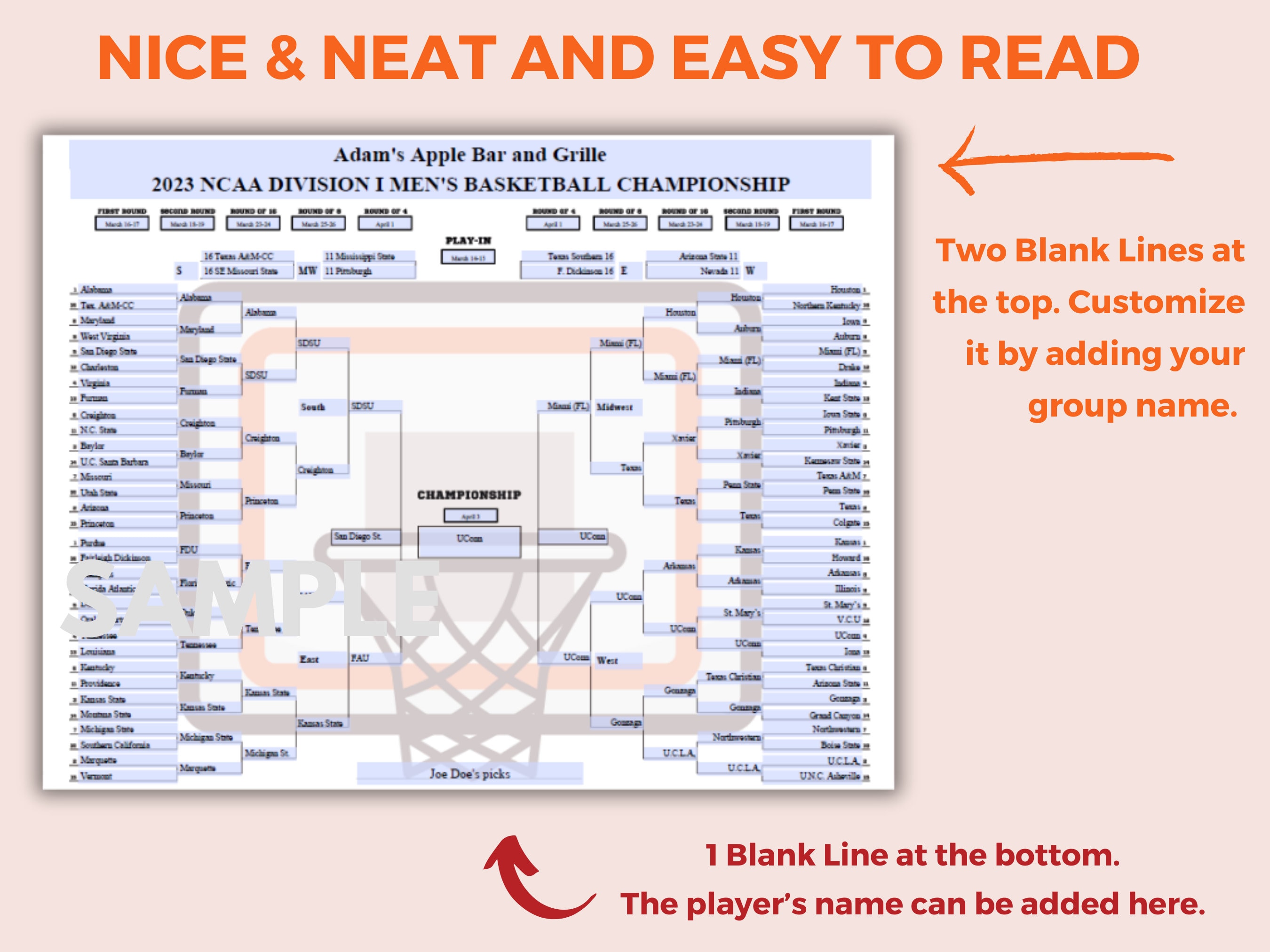 Printable NCAA Basketball Bracket March Madness Template Editable PDF ...