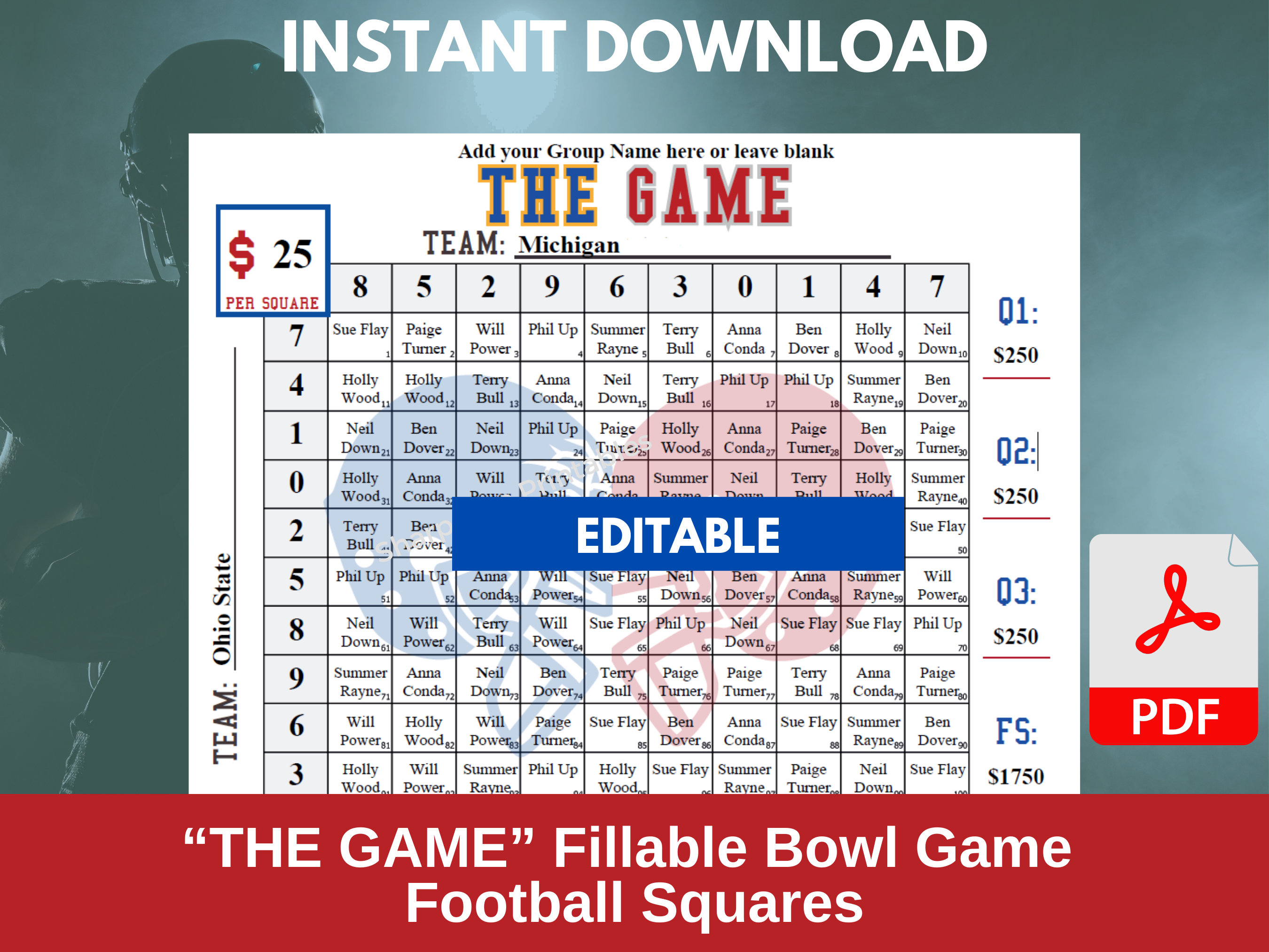 The Game Football Bowl Squares Template Printable Editable PDF Football ...