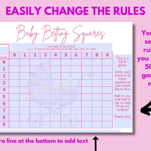 May include: A printable baby betting squares game with a pink and blue color scheme. The game is set up as a 10x10 grid with numbers 0-9 on each axis. The text "Baby Betting Squares" is at the top of the grid. The text "This is a 50/50 game." is on the right side of the grid. The text "Write your name in as many squares as you would like to buy." is below the text "This is a 50/50 game.". The text "Half to you and half to me to help fill up my nursery! Thank you!" is below the text "Write your name in as many squares as you would like to buy.". The text "You also set the rules. If you want a 50/50 game or not." is on the right side of the grid. The text "Last digit of day of birth (ie., "2" wins if the baby is born on the 2nd, 12th, or 22nd)" is above the grid. The text "Last digit of time (i.e., "9" wins if the baby is born at 4:39, 12:19, 5:59)" is on the left side of the grid. The text "$ per square" is in the top left corner of the grid. The text "Extra line at the bottom to add text" is at the bottom of the grid.