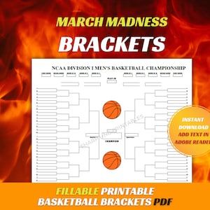 Puede incluir: Un cuadro de baloncesto imprimible con el texto "March Madness Brackets" y "Fillable Printable Basketball Brackets PDF". El cuadro incluye espacios para equipos y un gráfico de baloncesto. También es visible el texto "Instant Download Add Text in Adobe Reader".