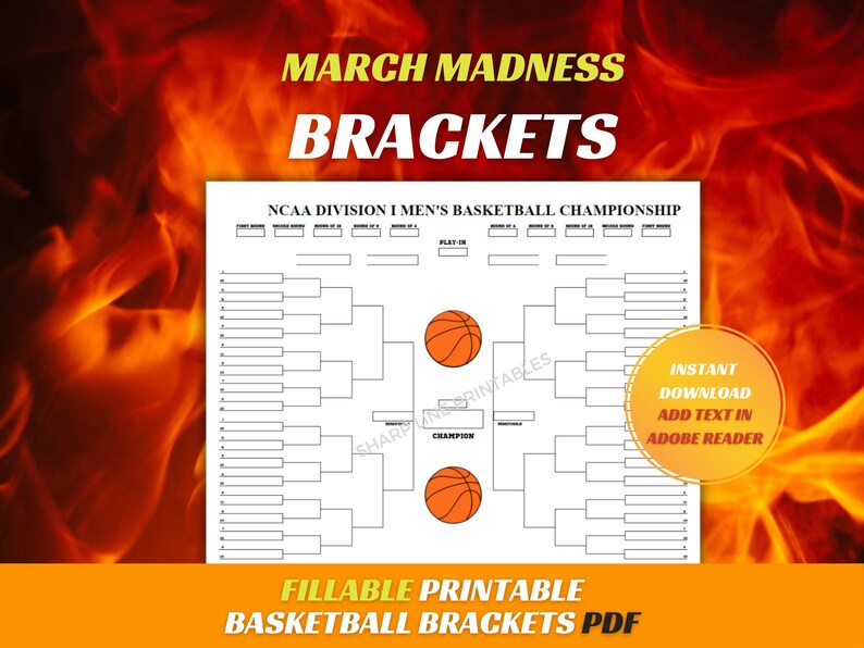 Printable NCAA Basketball Bracket March Madness Template Editable PDF ...