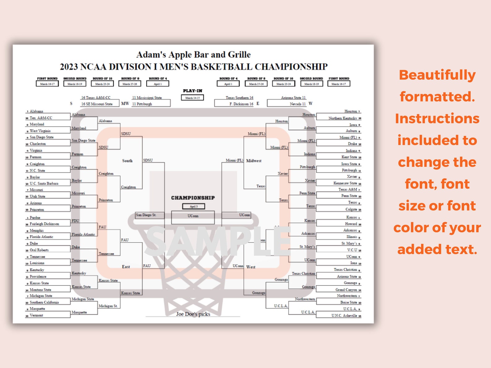 Printable NCAA Basketball Bracket March Madness Template Editable PDF