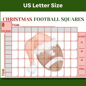 May include: A printable Christmas football squares game template with a red and white Santa hat and a brown football. The template has a grid with numbers 1-50 and a section for team names and payout amounts.