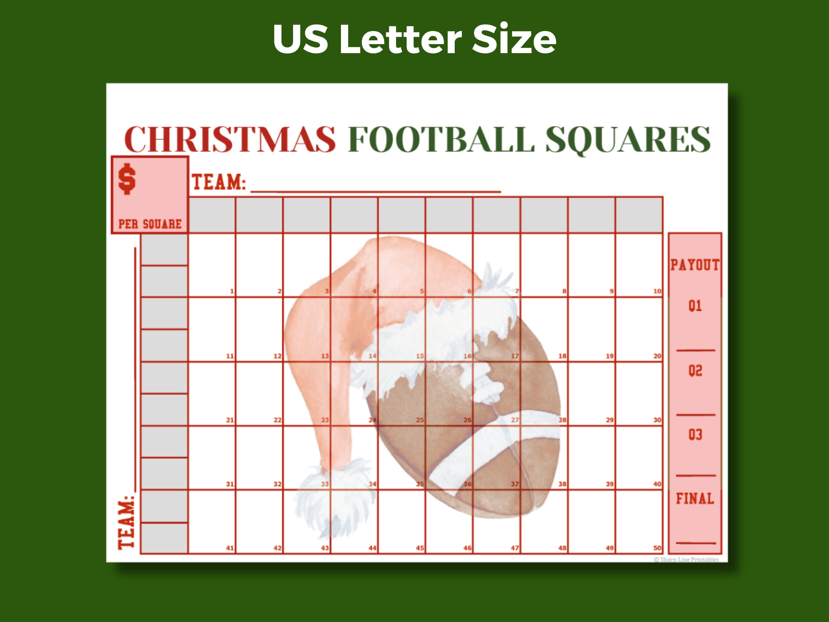 50 Football Squares Template Printable Christmas Football Fundraiser ...