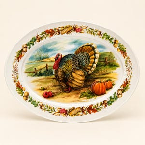 May include: An oval white serving platter featuring a central illustration of a turkey standing in a field with pumpkins, surrounded by a decorative border of autumn leaves, acorns, grapes, and corn cobs against a light background.