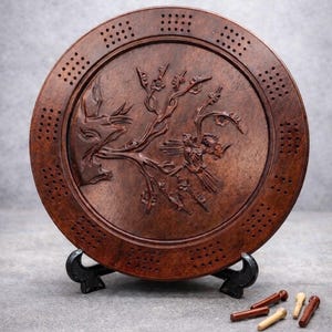 Vintage Malacca Wood Hand-Carved Cribbage Board | Round Malaysian Hardwood | Bird & Tree Motif