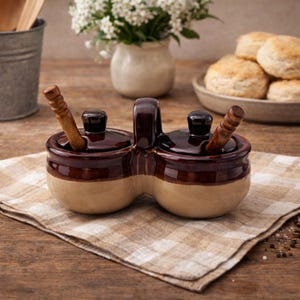 May include: A two-section ceramic condiment server with a brown and beige glaze, featuring a handle and two lids with wooden spoons. It rests on a checkered napkin, with biscuits and flowers in the background.