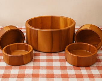 Vintage Acacia Wood Salad Bowl Set – 1 Large Bowl + 4 Individual Bowls – Made in Thailand