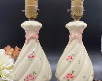 Pair of Vintage Table Lamps - Hand Painted Bows/Roses - Party Dress Base - Mid Century - set of 2