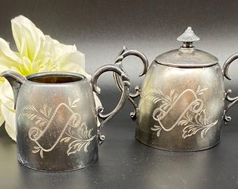 Antique Quadruple Silver Plate Creamer Sugar Set – Engraved Floral Victorian Design