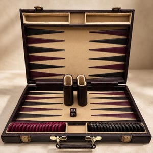 May include: A brown leather backgammon set featuring a beige interior with alternating black and burgundy points. The set includes two dark brown dice cups, a black doubling cube with the numbers 16 and 64, and two sets of circular game pieces.