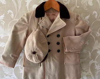 Vintage Children’s Wool Double Breasted Peacoat with matching Cap - made by Little Nugget - Size 3T - 1960s
