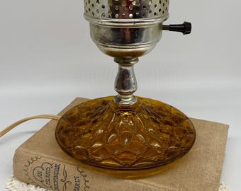 Vintage Amber Glass Hurricane Style Electric Lamp w/ Quilted Diamond Base 1950s MCM