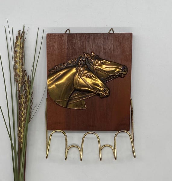 Ancienne Paire De Plaques Murales Décoratives - Têtes De Chevaux En Argent Et Cuivre - Style équestre