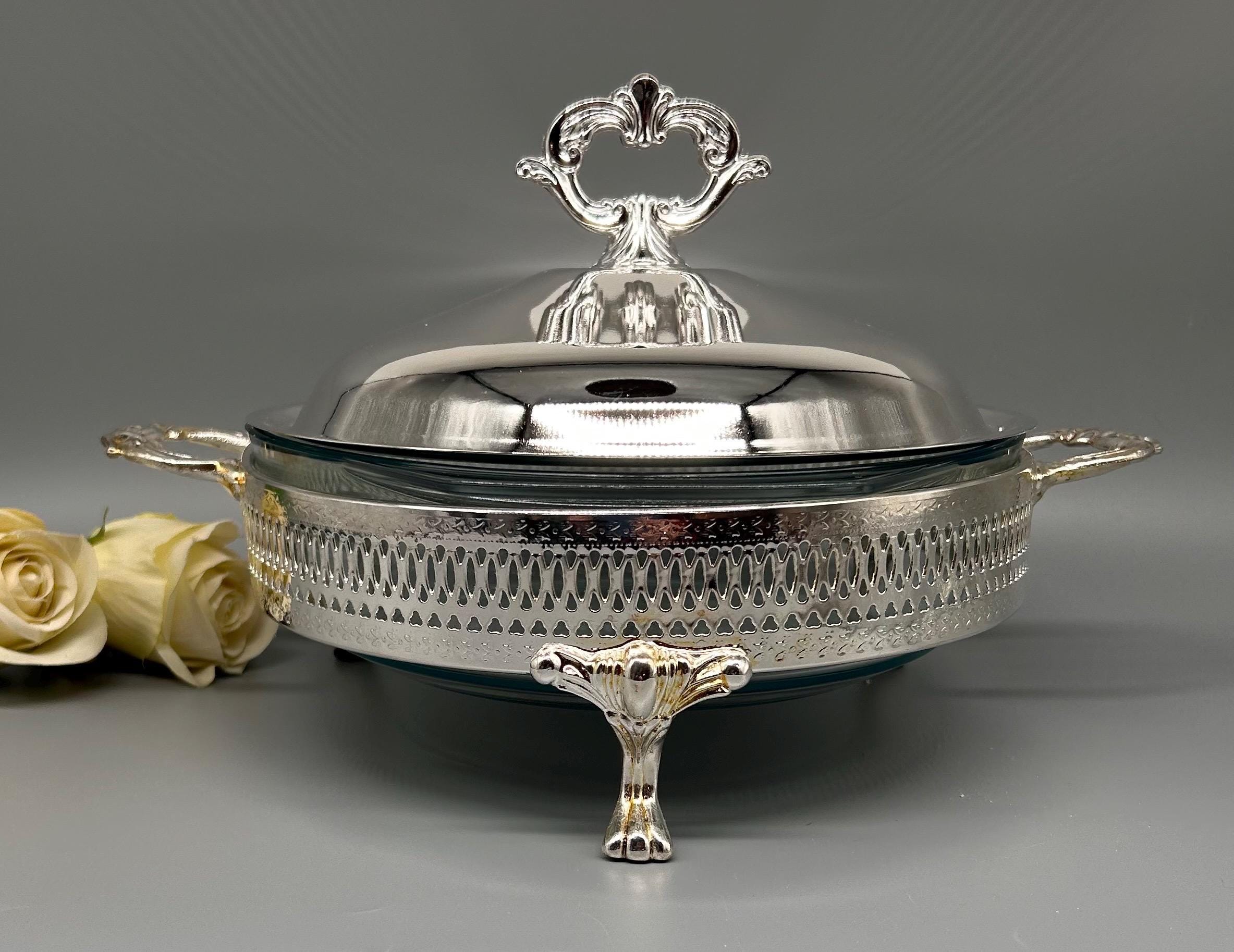 Vintage Silver Plate Serving Dish with Glass Insert, 1980s