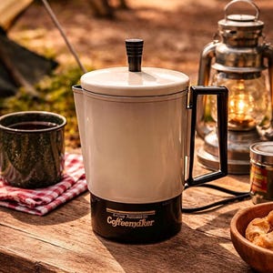 May include: A vintage off-white and black 4-cup automatic coffeemaker with a black handle and lid. A green and black enamel mug with coffee sits next to the coffeemaker. A lit lantern and a small tin are in the background.