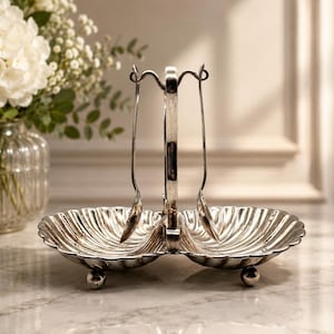 Vintage Silver Plated Double Shell Condiment Server with Hanging Spoons, Relish Tray, Jam Mustard Server