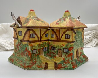 Vintage Kensington Ware - Double Preserve Pot with Spoons - Thatched Cottages - made in England