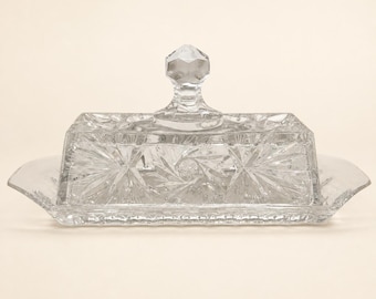 Vintage Pressed Glass Butter Dish – Starburst Pinwheel Crystal Style Serving Set