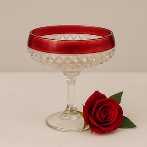 May include: A clear glass champagne coupe with a red rim, featuring a diamond-cut pattern on the bowl. A vibrant red rose with green leaves rests beside the glass, creating a classic and elegant aesthetic.