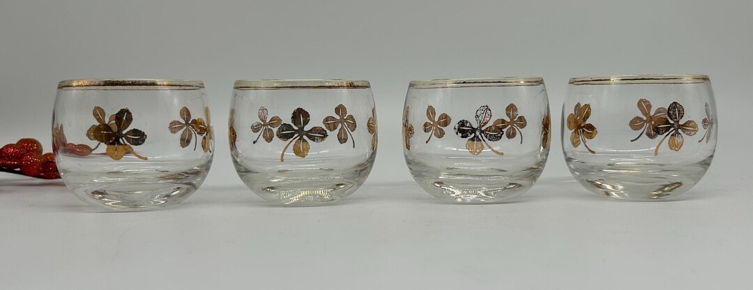 Vintage Lucky Clover Roly Poly Glasses - Gold Rim Barware, Set of 4 - Etsy