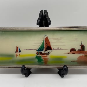 Antique Small Tray - Reversed Painted Glass  - Sailboats/Windmill Scene - Circa 1920s