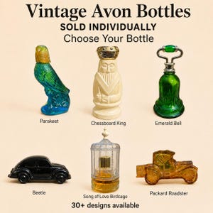Peut inclure: Une collection de six flacons Avon vintage aux formes variées : une perruche verte et bleue, un roi d'échecs crème, une cloche en verre vert, une voiture coccinelle noire, une cage à oiseaux transparente avec des détails dorés et un roadster Packard ambré.