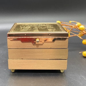 Vintage Gold Metal Jewelry Box: Three-Tiered Accordion Style, Jamaica Map