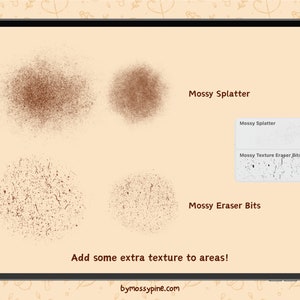 May include: A digital illustration of four brown and white textured circles on a beige background. The text "Mossy Splatter", "Mossy Texture Eraser Bits", and "Mossy Eraser Bits" is displayed on the image. The text "Add some extra texture to areas!" is displayed at the bottom of the image.