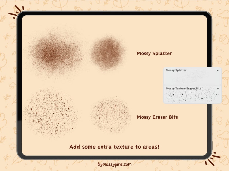 May include: A digital illustration of four brown and white textured circles on a beige background. The text "Mossy Splatter", "Mossy Texture Eraser Bits", and "Mossy Eraser Bits" is displayed on the image. The text "Add some extra texture to areas!" is displayed at the bottom of the image.