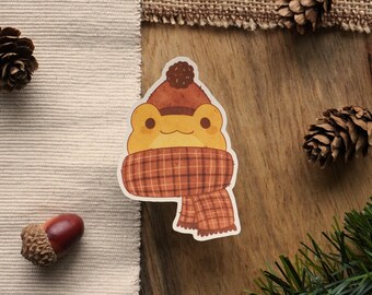 Cozy Scarf Frog | Die-cut matte vinyl sticker - waterproof sticker - cute stickers - journaling stickers - cottagecore stickers