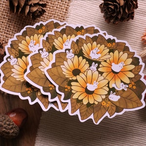 Bunnies in Yellow Flowers Die-cut matte vinyl sticker waterproof sticker cute stickers journaling stickers cottagecore stickers image 1