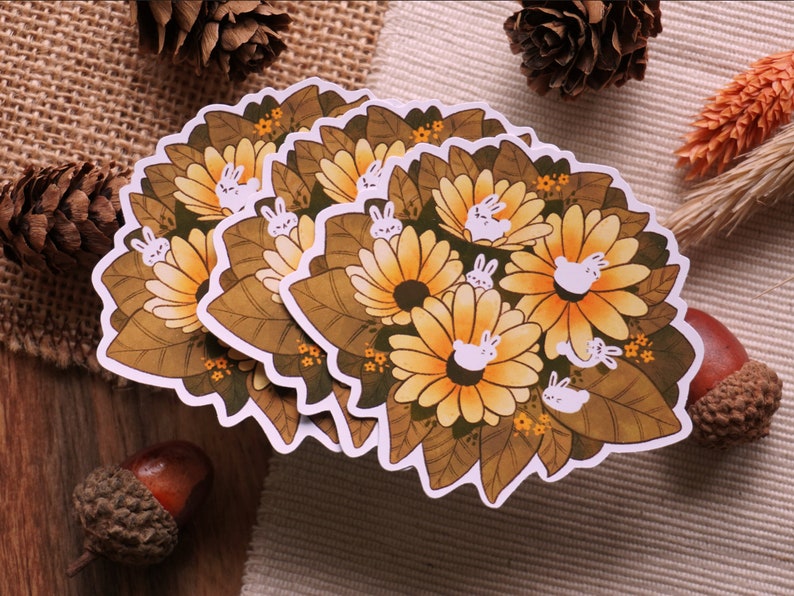 Bunnies in Yellow Flowers Die-cut matte vinyl sticker waterproof sticker cute stickers journaling stickers cottagecore stickers image 1