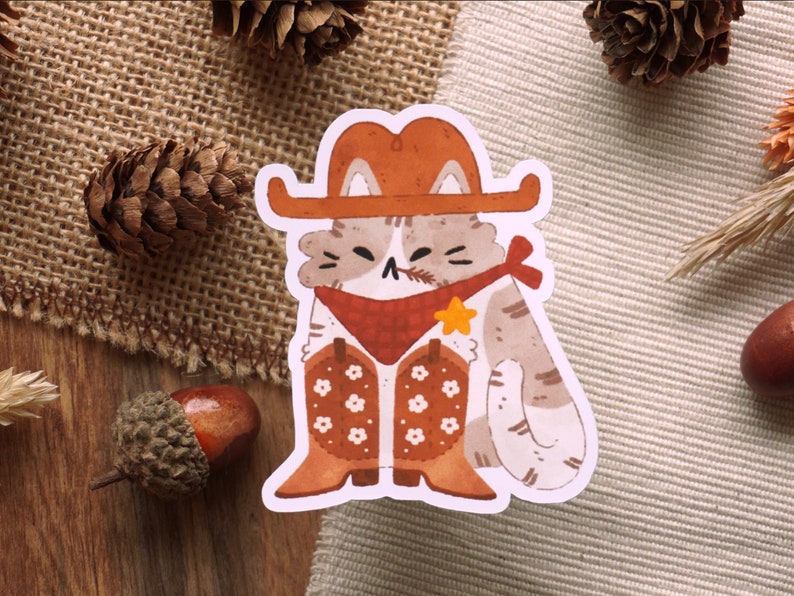 Cowboy Cat Die-cut matte vinyl sticker waterproof sticker cute stickers journaling stickers cottagecore stickers image 1