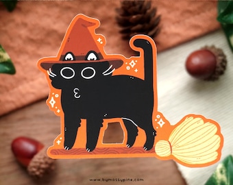Pegatina de gato bruja negra / Pegatina de vinilo mate troquelado - Lindas pegatinas de Halloween - Pegatinas para diario de otoño - Pegatinas acogedoras de estilo cottagecore