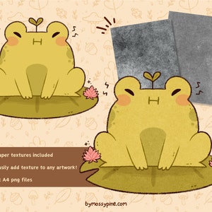 May include: Two illustrations of a yellow frog sitting on a green lily pad with pink flowers. The frog has a small sprout growing from its head. The illustrations are on a light beige background with a pattern of leaves, acorns, and mushrooms.