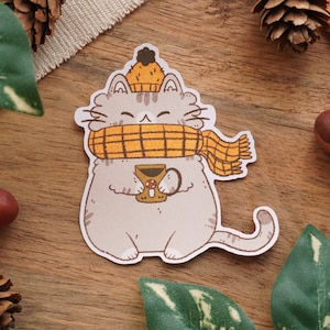 Adesivo Cozy Winter Cat - Sciarpa Cat Cottagecore Kawaii Art - Adesivi per Journaling Carino Autunno