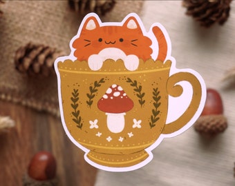 Orange Cat in Tea Cup | Die-cut matte vinyl sticker - waterproof sticker - cute stickers - journaling stickers - cottagecore stickers