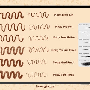 May include: A digital illustration of six different brush strokes on a tablet screen. The brush strokes are labeled with the names of the brushes: Mossy Jitter Pen, Mossy Dry Pen, Mossy Smooth Pen, Mossy Texture Pencil, Mossy Hard Pencil, and Mossy Soft Pencil.