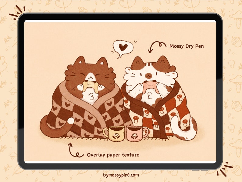 May include: Two cats, one brown and one white with brown spots, are wrapped in blankets with heart and mushroom patterns. They are holding mugs of coffee and a heart-shaped speech bubble is above them. The text "Mossy Dry Pen" and "Overlay paper texture" are written on the image.