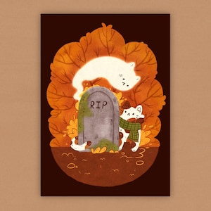 Stampa artistica autunnale di Ghost Cat - Stampa A6 - Illustrazione di gatto autunnale - Stampa di gatto carino - Stampa artistica autunnale Kawaii Cottagecore