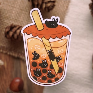 Boba Theekonijntjes | Gestanste matte vinylsticker - waterdichte sticker - schattige stickers - journaling stickers - cottagecore stickers