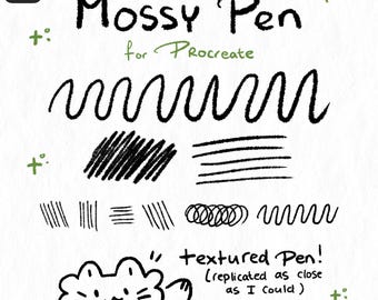 May include: A digital brush set titled Mossy Pen for Procreate, featuring black ink strokes on a white background. The image displays various line weights, scribbles, and a small hand-drawn cat character with the text textured Pen!.