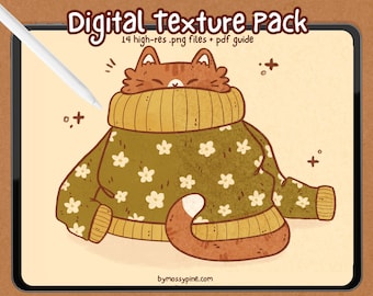 May include: Digital texture pack featuring 14 high-resolution PNG files and a PDF guide. The image depicts a charming cartoon cat sporting a green sweater adorned with white flowers and a yellow collar. The cat's tail is curled around its body.