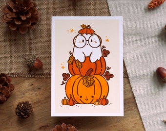 Pumpkin Ghost Art Print - A5/A6 Print - Cozy Ghost Halloween Hand Drawn Illustration - Cute Cottagecore Autumn Print - Home decor