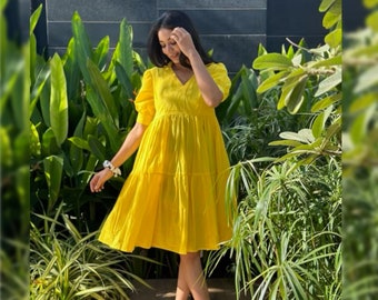 Sunshine Yellow Cotton Midi Dress, Cotton Dress, Flowy Dresses, Women’s Dress, Gift for her