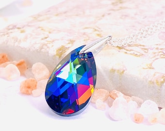 Crystal Rainbow and Blue Necklace, Crystal And Sterling Silver Necklace, Stylish Necklace, Handmade Jewellery, Made in UK
