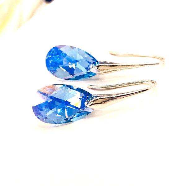 Amazing Crystal Aquamarine Blue Dangle Earrings, Sterling Silver, Thoughtful Gift For Her, March Birthstone, Handmade in UK, Something Blue