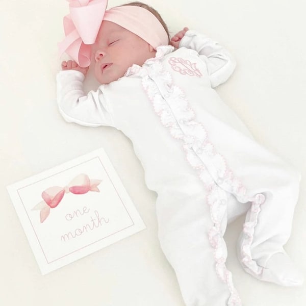Embroidered Double Ruffle Footie Coming Home Outfit Baby Girl